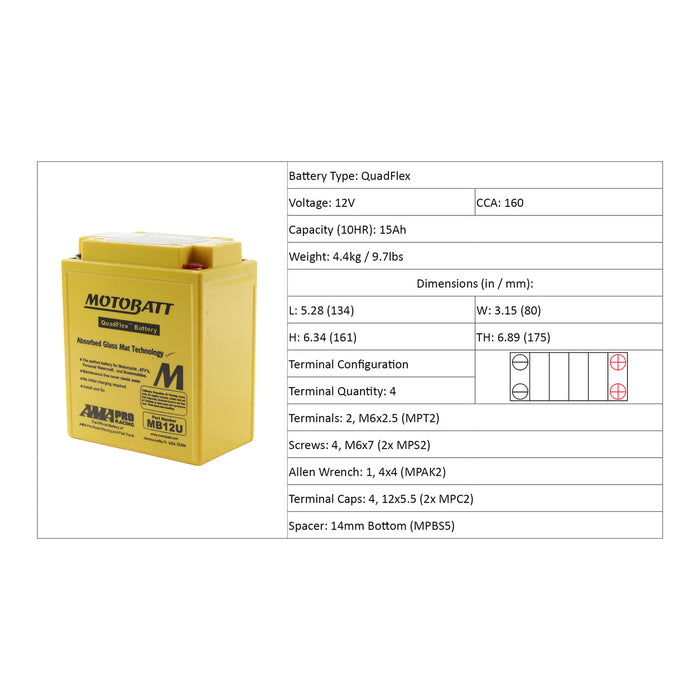 MOTOBATT Quadflex AGM Motocycle Battery - MB12U